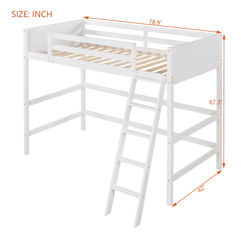 Lit mezzanine simple en bois massif avec échelle intégrée et garde-corps, lit pour enfant robuste, blanc