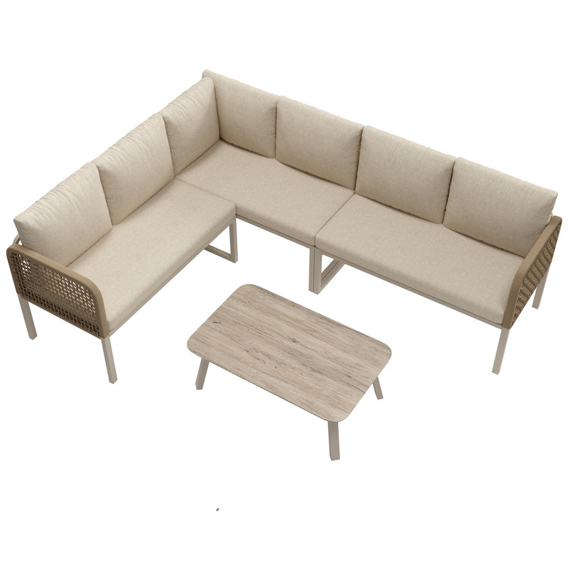 5-6 Seat Modular Outdoor Sofa Set With Wood-Look Glass Table & Rope