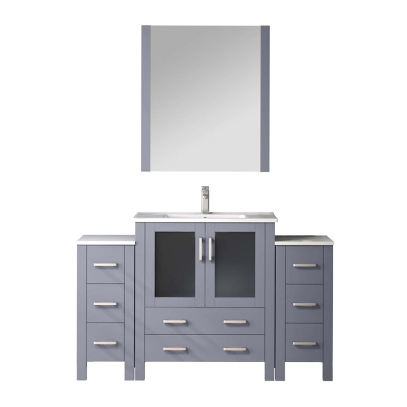 54 po Meuble-lavabo large gris foncé avec armoires latérales, comptoir en céramique, robinet et robinet à fixation murale à long terme résistant aux rayures