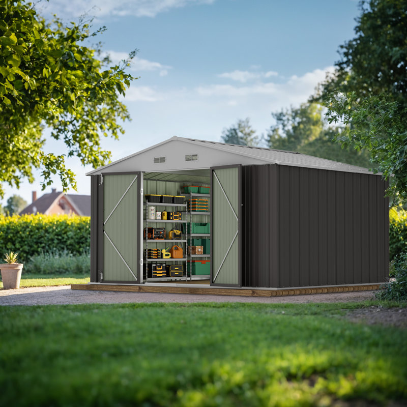 Outdoor Metal Storage Tool Shed, Gray/White, 76.4" H x 121" W x 103" D
