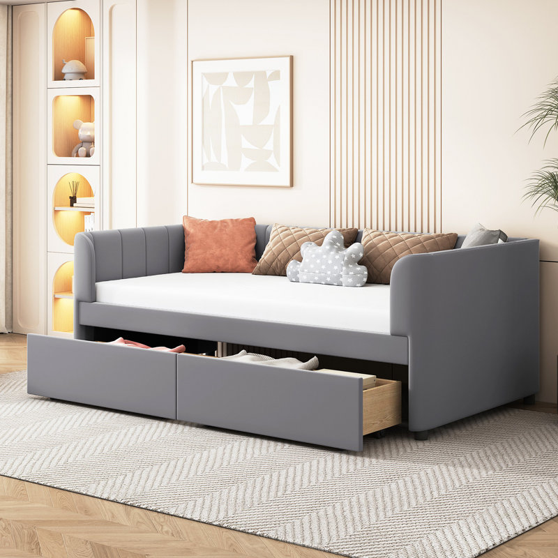 Lit de jour rembourré avec dossier ergonomique et 2 tiroirs, Gris