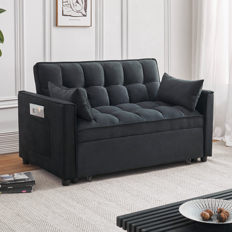 Canapé-lit coulissant en velours noir 3 en 1 avec dossier réglable, poche latérale et 2 coussins lombaires pour les petits espaces