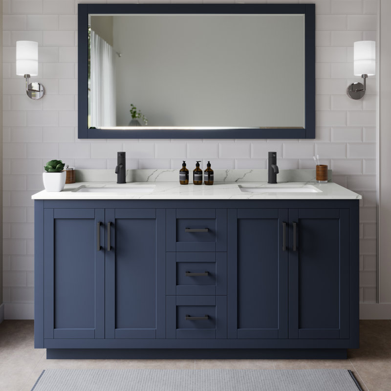 Miranda 66" Freestanding Double Bathroom Vanity with Quartz Top with 58" Mirror, Giotto Quartz, Matte Black, Dark Blue