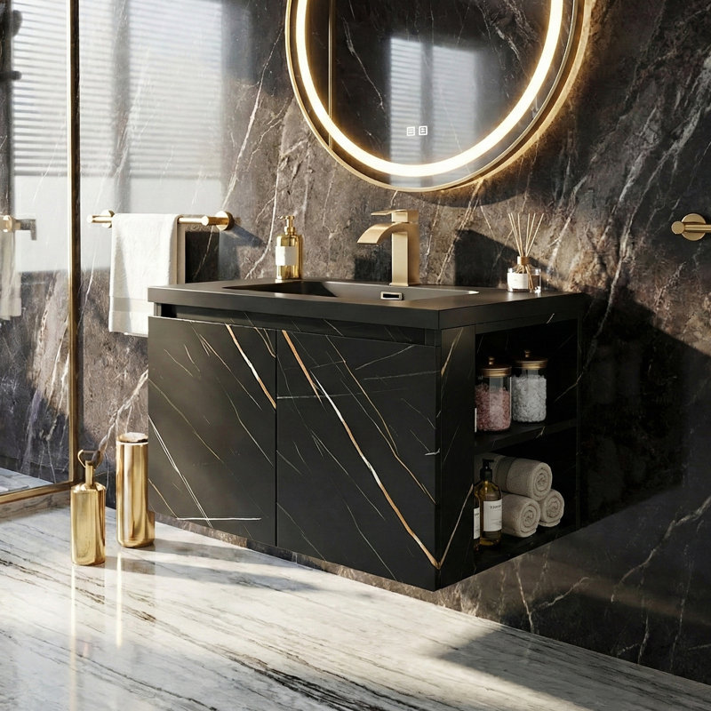 Meuble-lavabo 28 po avec lavabo intégré en résine pour petits espaces, meubles-lavabos noirs avec plateau et armoire en résine, tablettes latérales ouvertes