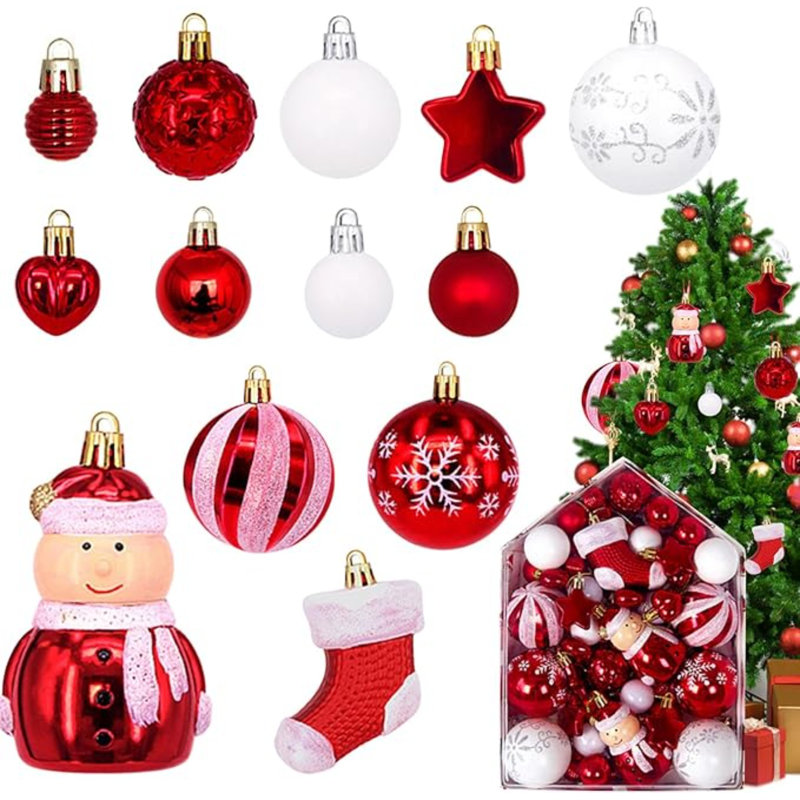72Pcs Christmas Ball Ornaments Set Santa Claus Christmas Tree Hanging Decorations Assortment Red Gold Colorful Ball Pendant Bulk For Xmas Holiday Party Supplies, 1-3.5Inch