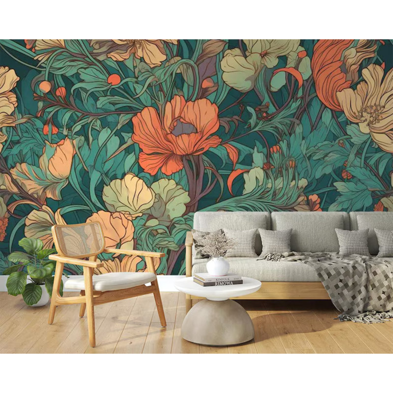 Papier peint floral orange sarcelle, L 118 po x l 236 po