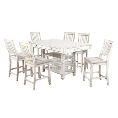 Ensemble de table de salle à manger 7 pièces Lyasa avec 6 chaises en tissu, bois massif blanc