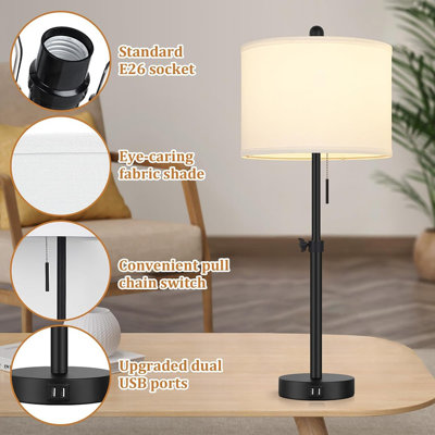 Table Lamp For Bedroom Set Of 2, 23" To 30" Height Adjustable Bedside Lamp With 2 USB Ports, Black Nightstand Lamp With White Shade, Modern Pull Chain Table Lamp For Living Room End Table