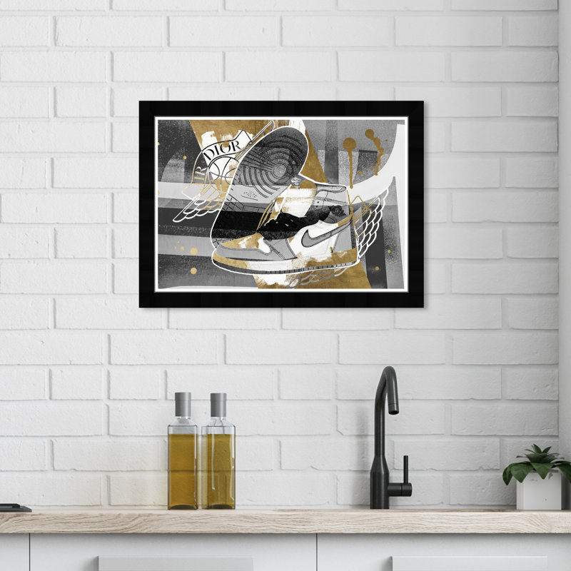 Golden Winged Shoes - impression encadrée, Cadre noir