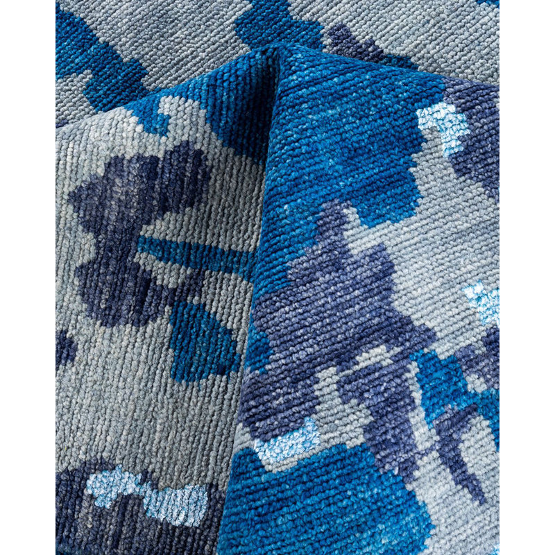 Modern Blue and Gray Hand-Knotted Wool Silk Area Rug