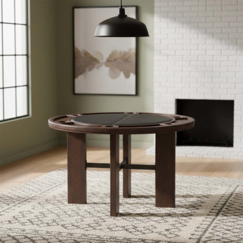 Table de salle à manger et de jeux Gorman au fini noyer avec insert en similicuir noir