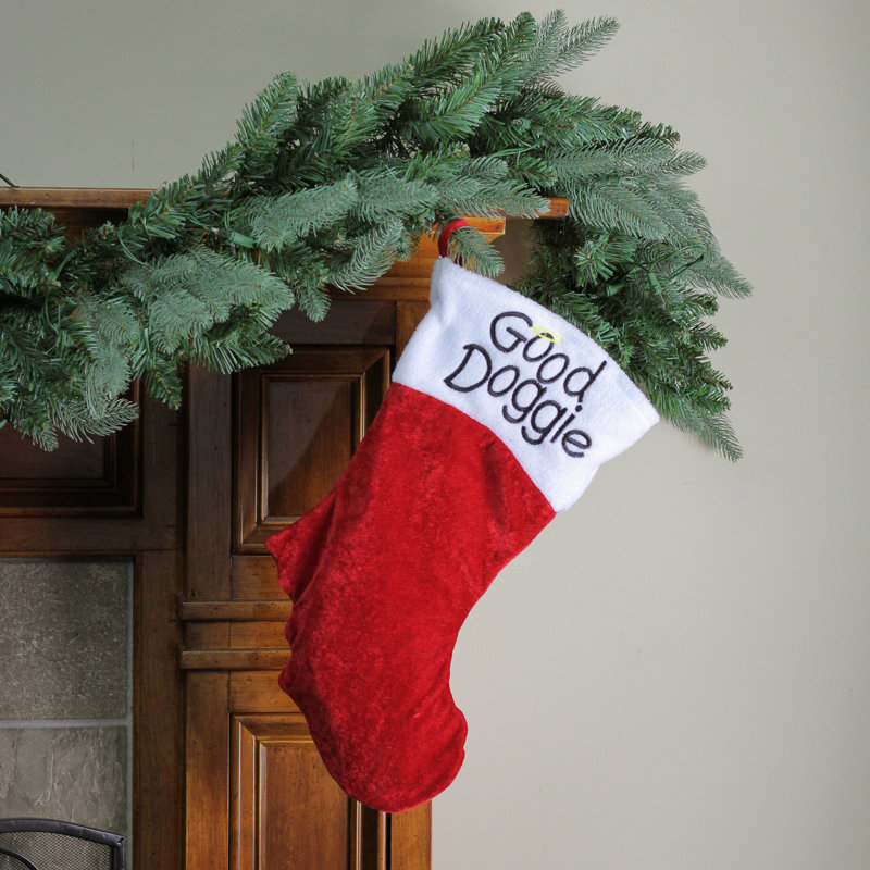 Chaussette de Noël 19 po «Good Doggie» à broderies rouges et blanches Halo
