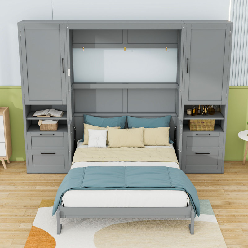 Lit escamotable double en bois avec quatre tiroirs, tablettes et placard, Gris