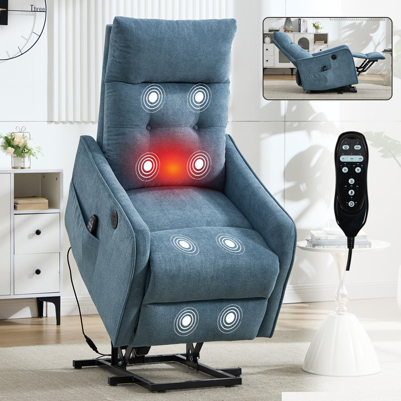 Chenille Single Motor Power Lift Recliner Chair With Massage And Heat, Blue