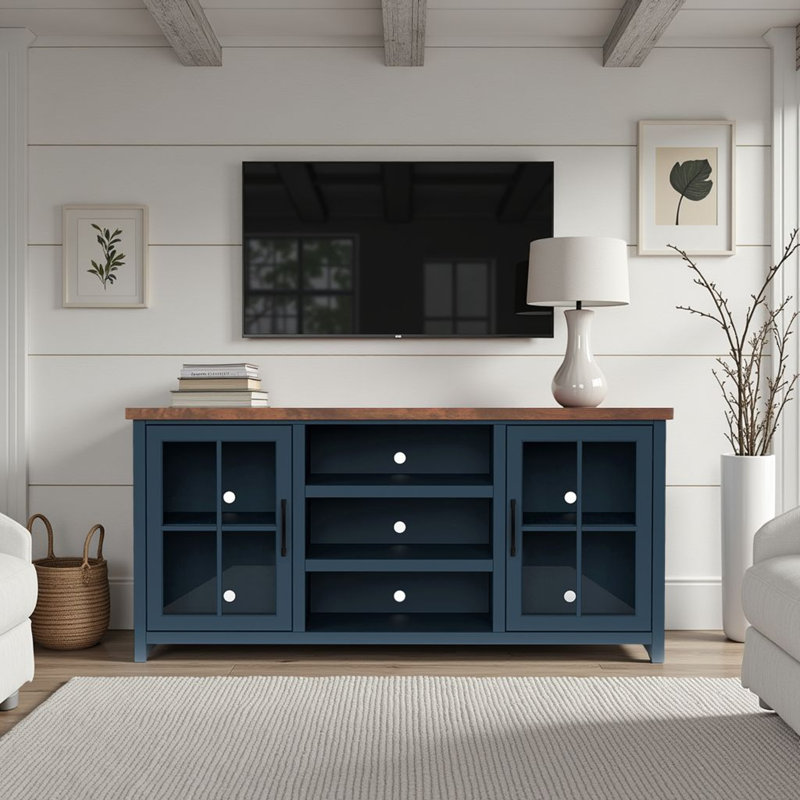 Brixham 67" Farmhouse TV Stand for TVs up to 80", Wood Top, Storage Cabinet with Shelves & Cable Management, Denim/Whiskey