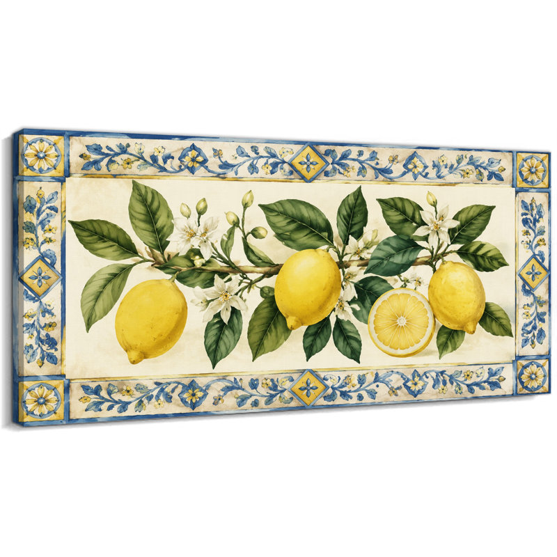 Peinture sur toile Cothran, décoration murale de cuisine méditerranéenne, image vibrante pour la salle à manger ou le vestibule, œuvre d'art sur toile tendue avec châssis jaune et bleu avec cadre intérieur en bois, prête à être suspendue, 12 po x 24 po