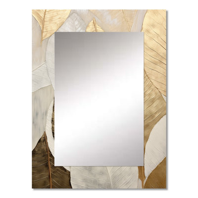 Gold Minimalism Leaves Collage III - Leaves Decorative Mirror, Traditional Wall Mirror, Printed Metal Art