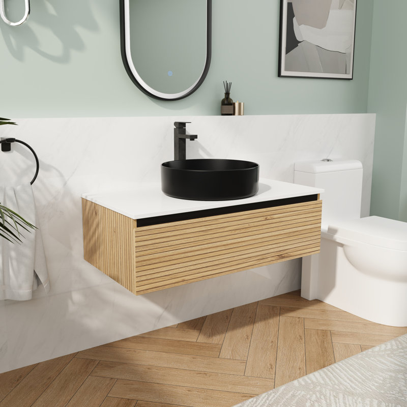 Meuble-lavabo mural 36 po avec lavabo en céramique et tiroir à fermeture en douceur, 35.43", Noir