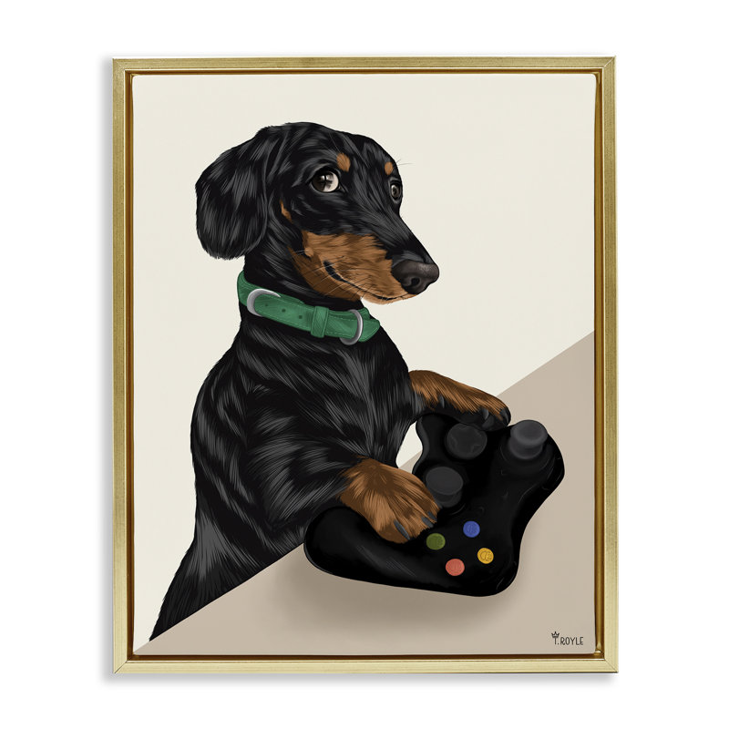 «Gamer Dachshund Dog» par Tara Royle, Cadre flottant métallique doré, H 21 po x l 17 po