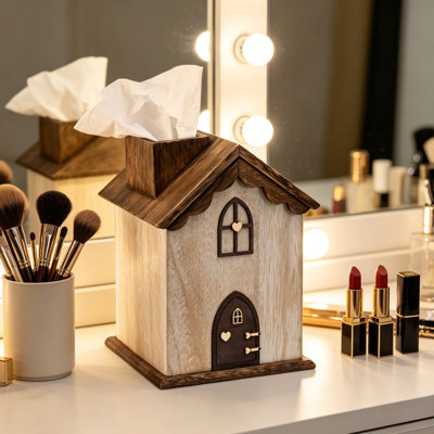 Farmhouse Wooden Square Tissue Box Cover, House-Shaped Decorative Tissue Holder for Bathroom, Bedroom, Living Room, Brown Finish, 5.8W x 5.8D x 8.2H Inches