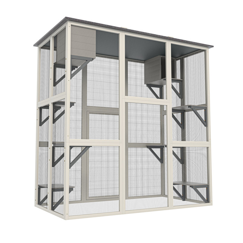Enclos pour chat gris en bois pour l'extérieur, toit, 6 plateformes, 2 boîtes de couchage, cage fiable et coffre-fort