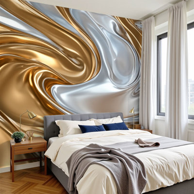 Papier peint adhésif à peler et coller à motif de tourbillons métalliques dorés et abstraits, H 69 po x l 96 po, papier peint amovible en PVC, adhésif pour chambre à coucher, bureau à domicile
