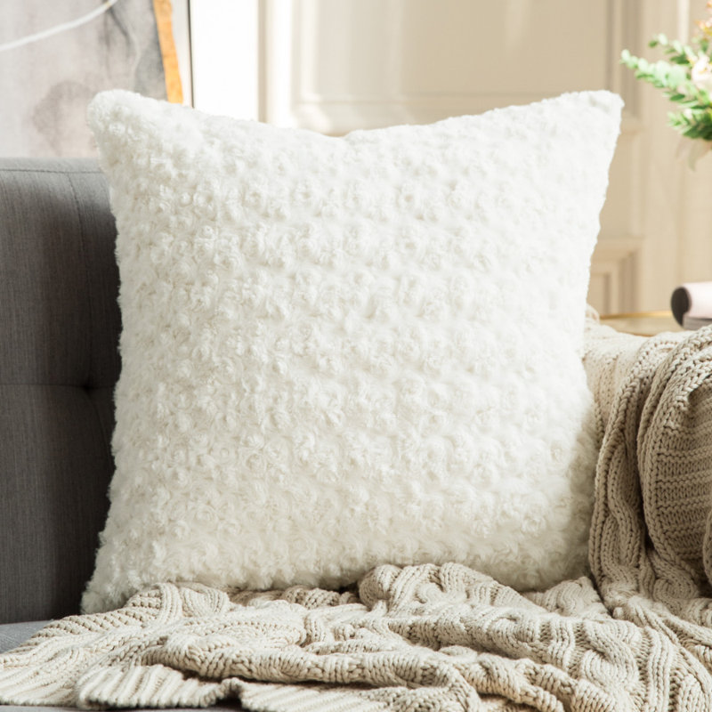 Housse et insert de coussin carré en fausse fourrure, Blanc, H 18 po x l 18 po
