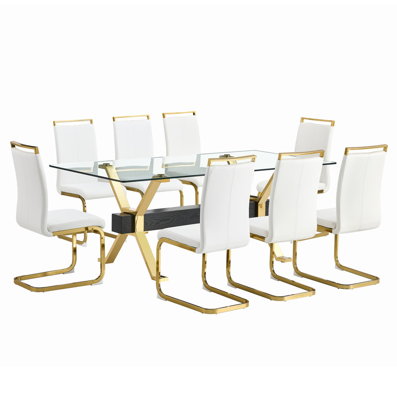 Ensemble de table de salle à manger Aurora Luxe 79 po en verre trempé avec chaises à dossier haut en simili cuir, Gris clair