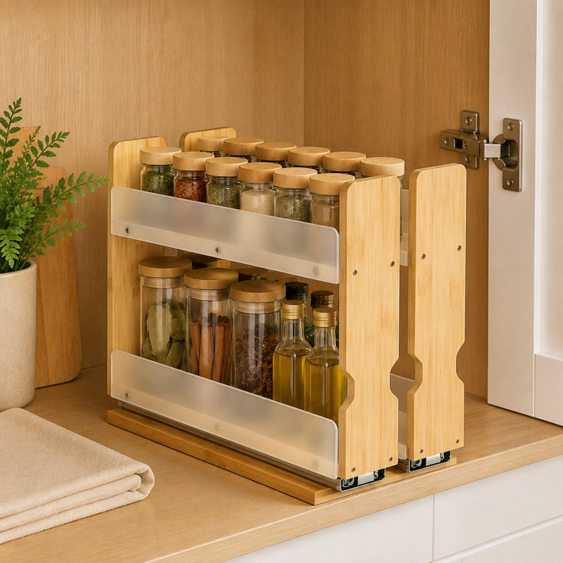 Étagère à épices en bambou coulissante - Garde-manger coulissant robuste - l 5,1 po, 2 niveaux, 2 tiroirs (2 po de largeur), naturel
