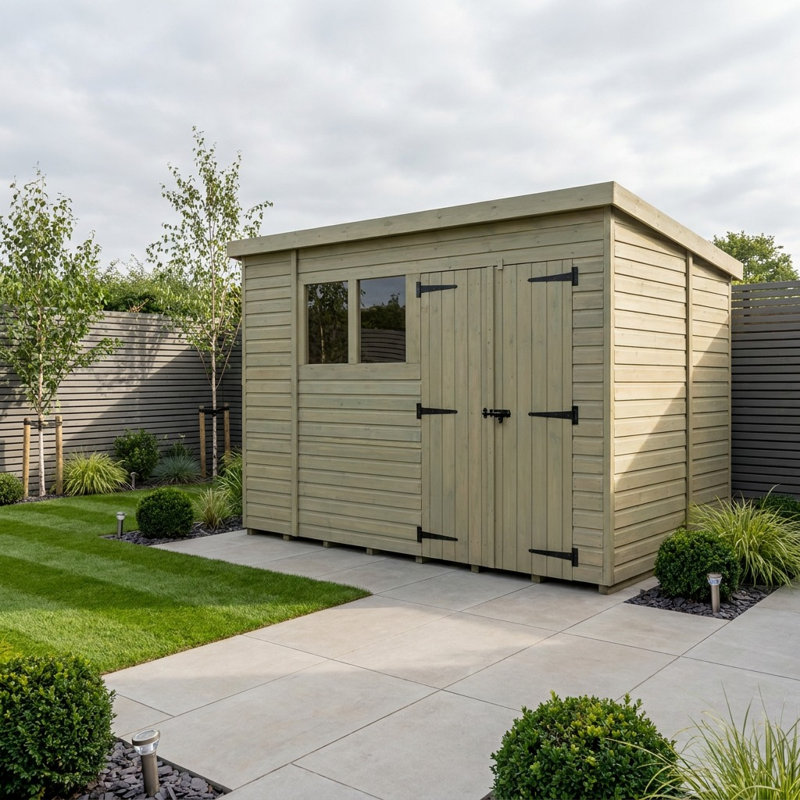 Total Sheds 10ft x 6ft Pent Garden Shed - Double Door - With Windows - Pressure Treated Timber - UK Manufactured