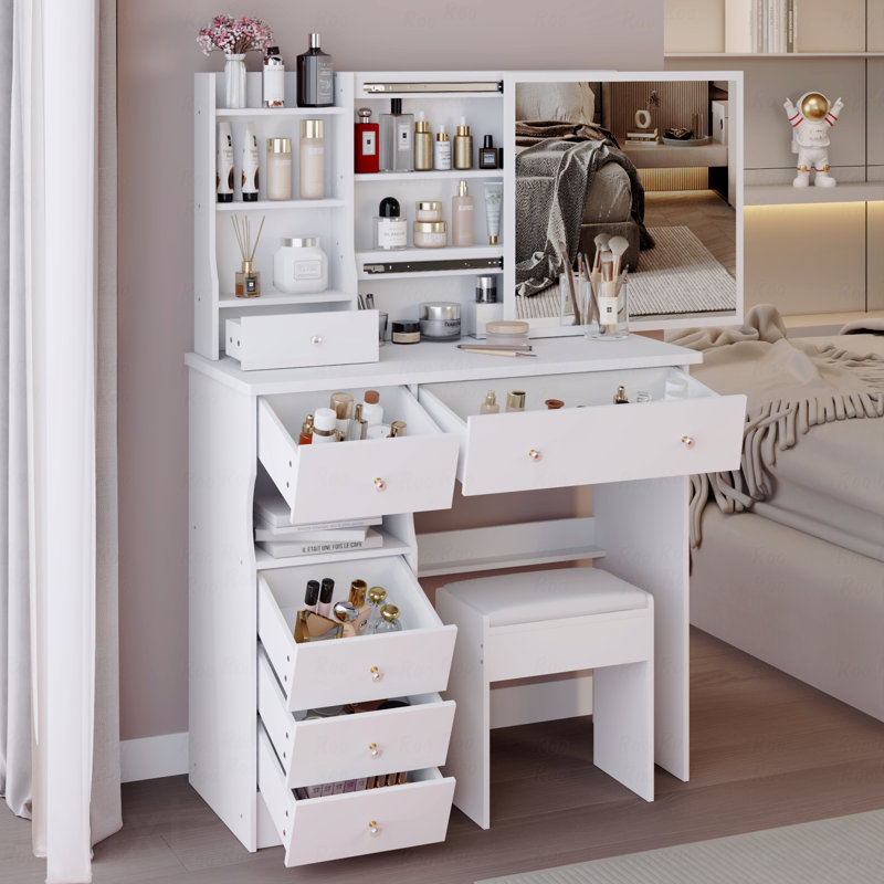 Meuble-lavabo de 37 po de taille moyenne avec tiroir à gauche et tabouret rembourré, très grand miroir coulissant à droite, rangement multi-couches à grande capacité, commode pratique et pratique, convient aux grands espaces