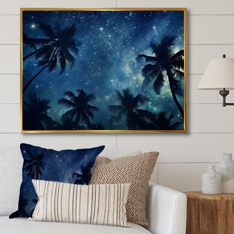 «Sapphire Magical Palm Tree Night», reproduction sur toile, H 24 po x l 32 po x P 1 po, Cadre flottant doré