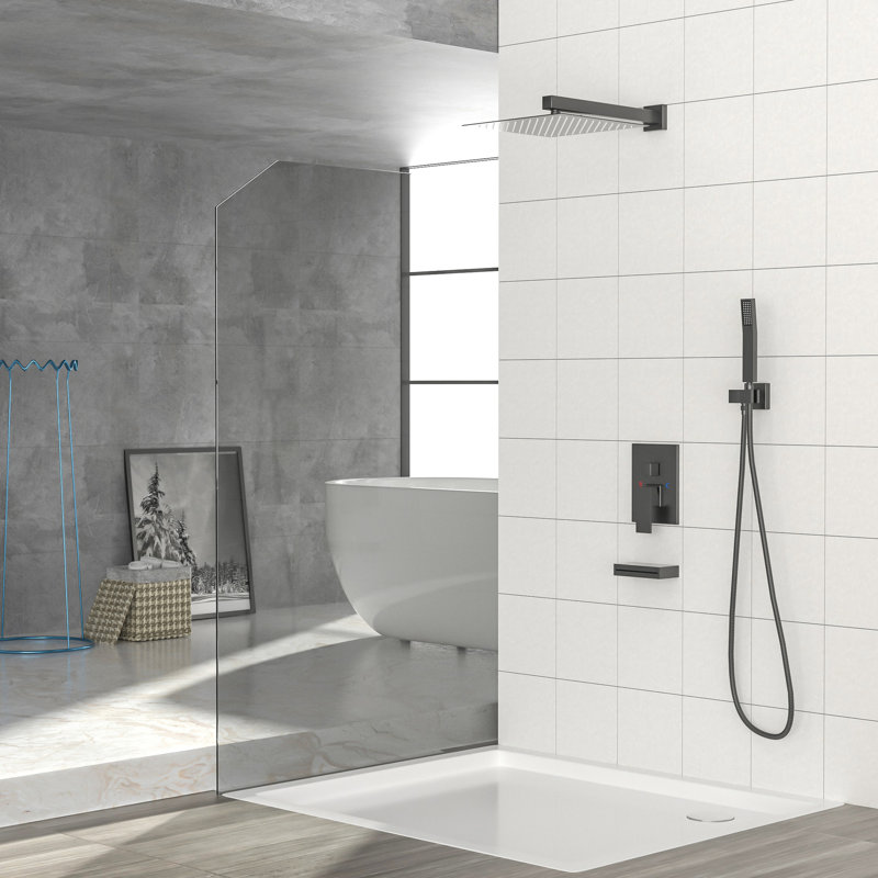 Shower System With Waterfall Tub Spout In Matte Black & 12 Inch Wall Mounted Square Rain For Comfortable Showers Happy Bath Experience