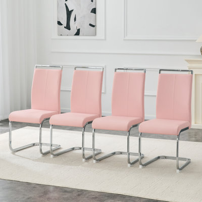 Ensemble de 4 chaises de salle à manger en polyuréthane rose avec pieds en métal argentés incurvés - Chaises à dossier minimalistes modernes pour les salles à manger à domicile.