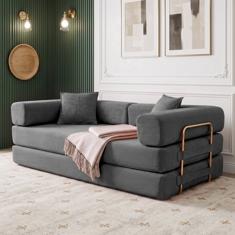 Canapé-lit convertible 78" sans dossier avec 2 oreillers, matelas pliant en velours côtelé, aucun assemblage requis, canapé de sol idéal pour les petits espaces de salon.