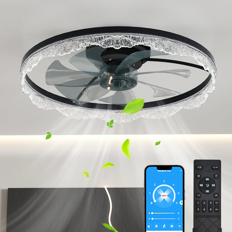 24" Decorative LED Ceiling Fan Light – Modern Flush Mount With Acrylic Ring, Hidden Blades, Remote Control, And Dimmable Light For Stylish Homes (Black)