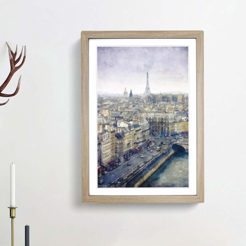 View of the Eiffel Tower in Paris France 1 Piece Single Picture Frame Painting on MDF, 45cm H x 33cm W x 2cm D, Oak Framed