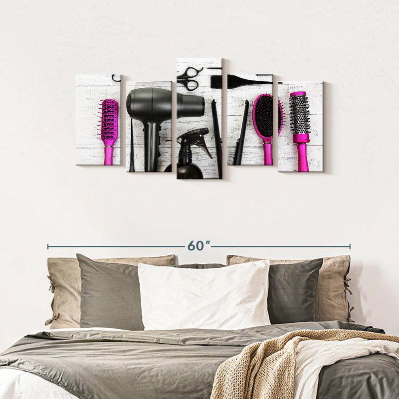 Ensemble de 5 outils fuchsia sur toile pour salon de coiffure, H 24 po x l 49 po x P 1,25 po