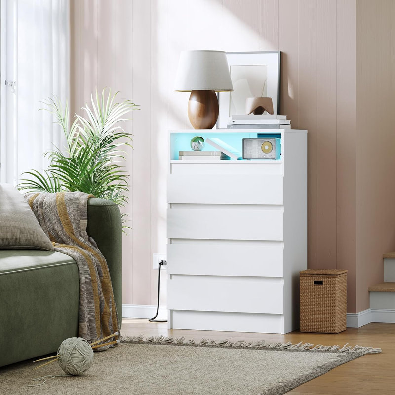 Commode double 4 tiroirs avec prise de courant décorative avec éclairage à DEL et commode blanche moderne avec station de charge