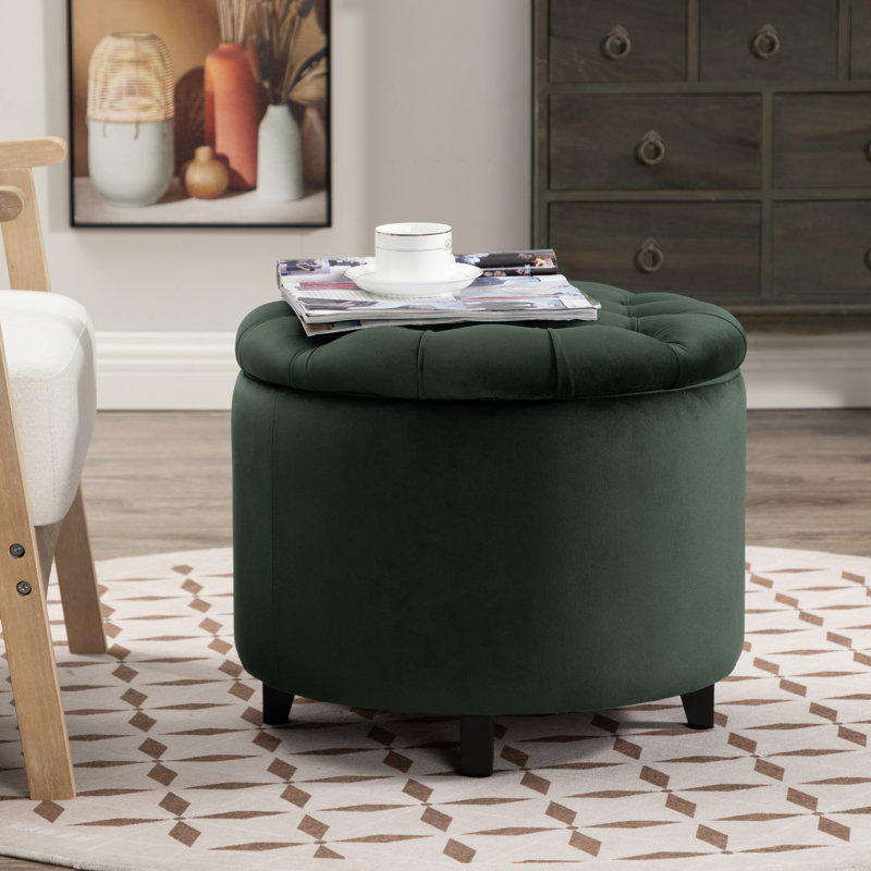 Repose-pieds rond avec rangement en velours Briana, Velours vert performance