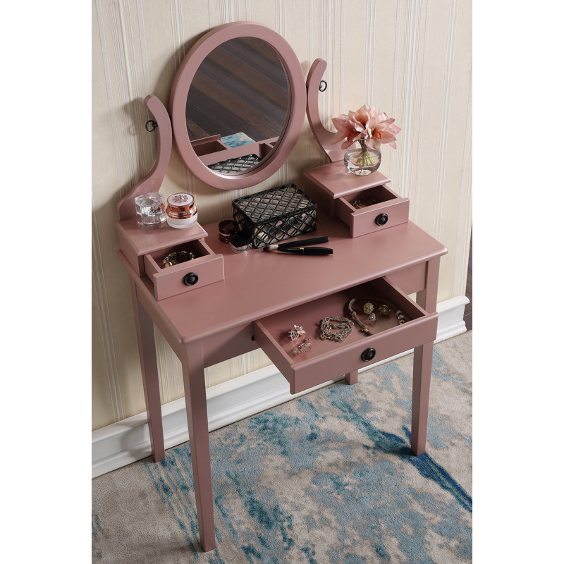 Wood Moniya Makeup Vanity Table And Stool Set, Rose Gold