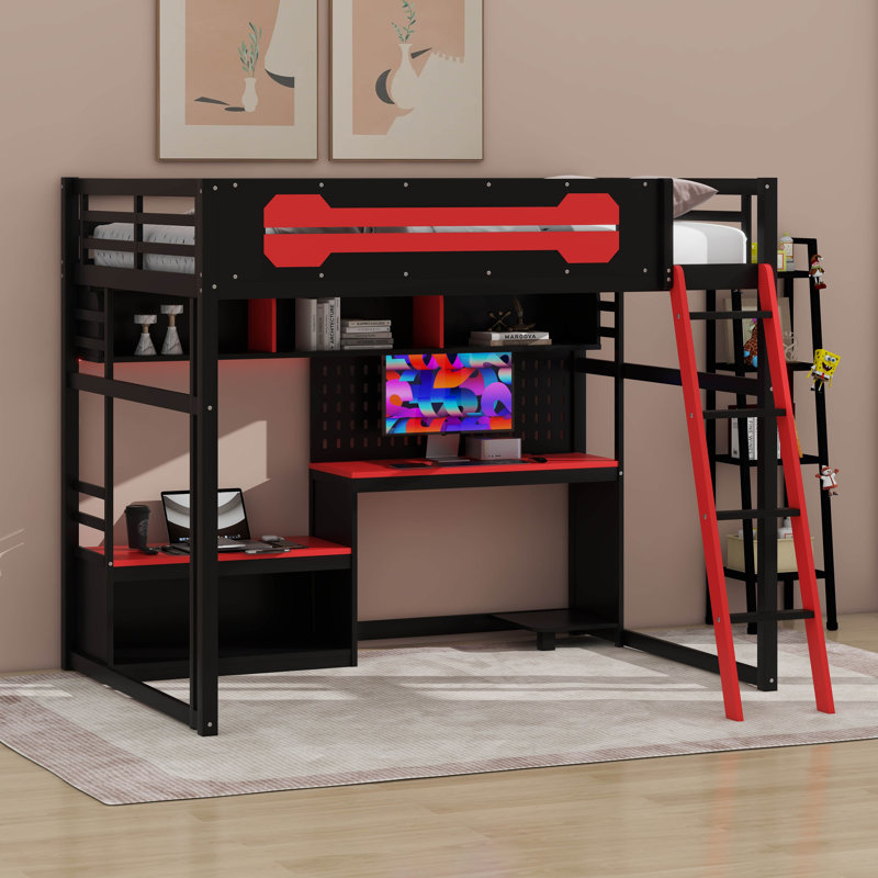 Lit mezzanine en bois pleine grandeur avec bureau et tablettes de rangement, cadre de lit mezzanine bas moderne avec lumières DEL, ports USB et panneau perforé