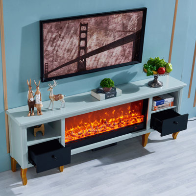 Blue Solid Wood TV Cabinet Fireplace