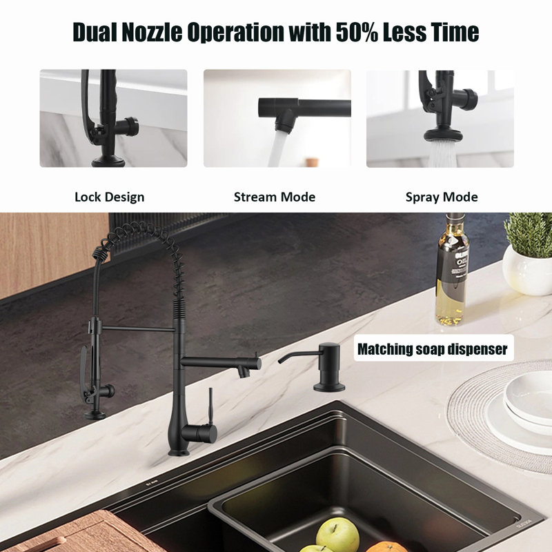Double-Headed Single-Handle High-Pressure Kitchen Faucet, With Pull-Down Sprayer And Soap Dispenser., Matte Black