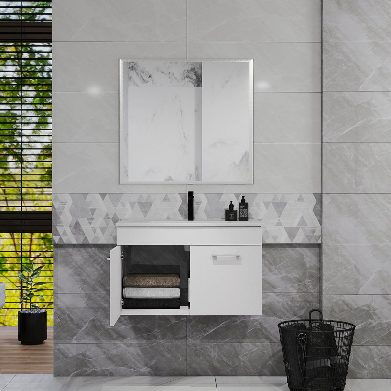 Meuble-lavabo 32 po avec lavabo et miroir, meuble-lavabo mural avec portes doubles, cadre en aluminium argenté, charnières à fermeture douce, longues poignées en métal, lavabo en céramique, blanc brillant