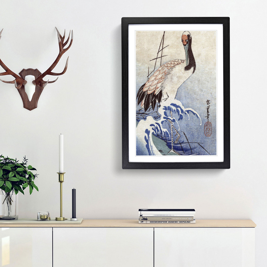 Crane in the Waves by Utagawa Hiroshige - Framed Print