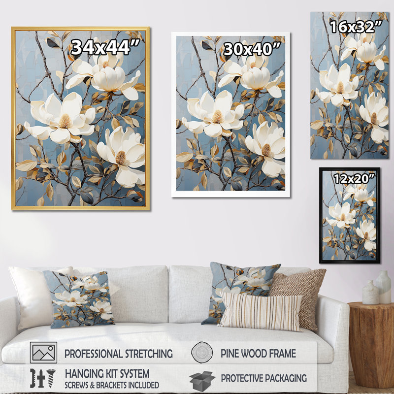 «Elegant White and Blue Magnolias Tranquility IV», reproduction sur toile, Cadre doré simple, H 44 po x l 34 po x P 1,5 po