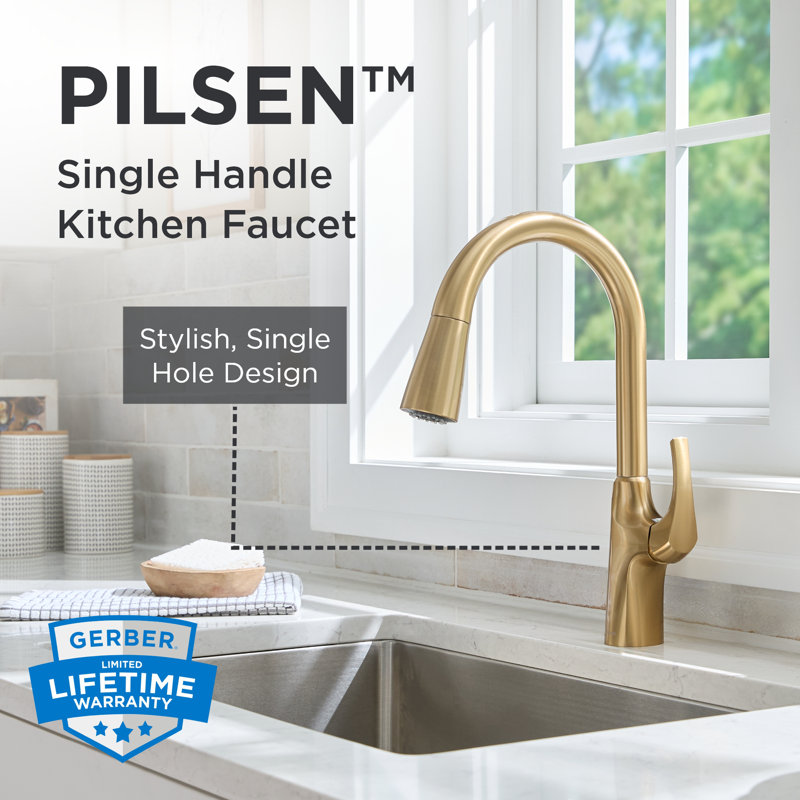 Pilsen Single Handle Pull Down Sprayer Kitchen Faucet with Deck Plate with Soap Dispenser, Brushed Golden