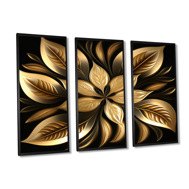 «Golden Lily On Black III», reproduction sur toile 3 pièces, H 28 po x l 36 po x P 1 po, Toile encadrée noire