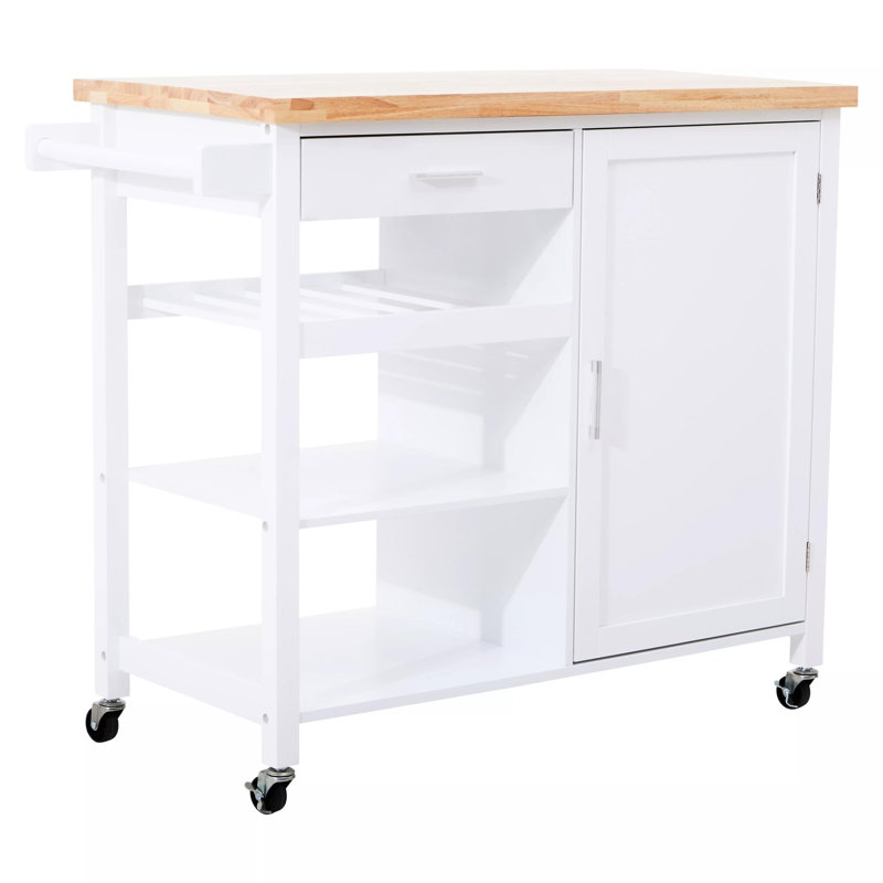 Lencautan 105 cm W Kitchen Cart with Solid Wood Top, White